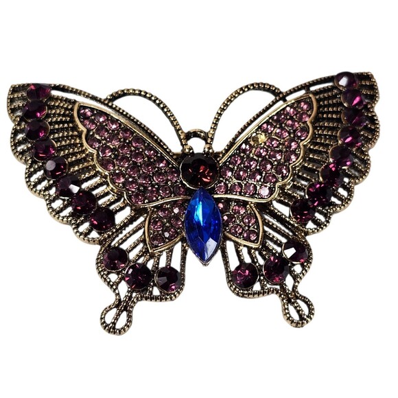 Vintage Rhinestone Butterfly Brooch Pin Gold Tone Pink Blue Purple Sparkle... - Picture 1 of 7